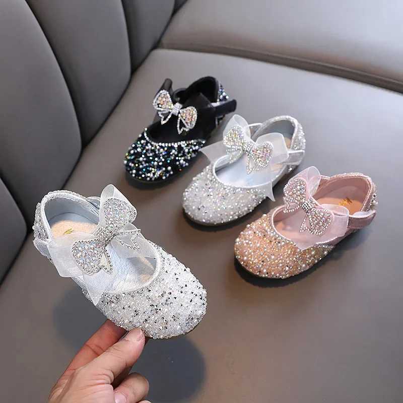 New Childrens Sequined Leather Shoes Girls Princess Rhinestone Bowknot Single Shoes 2024 Fashion Baby Kids Wedding Shoes X250129