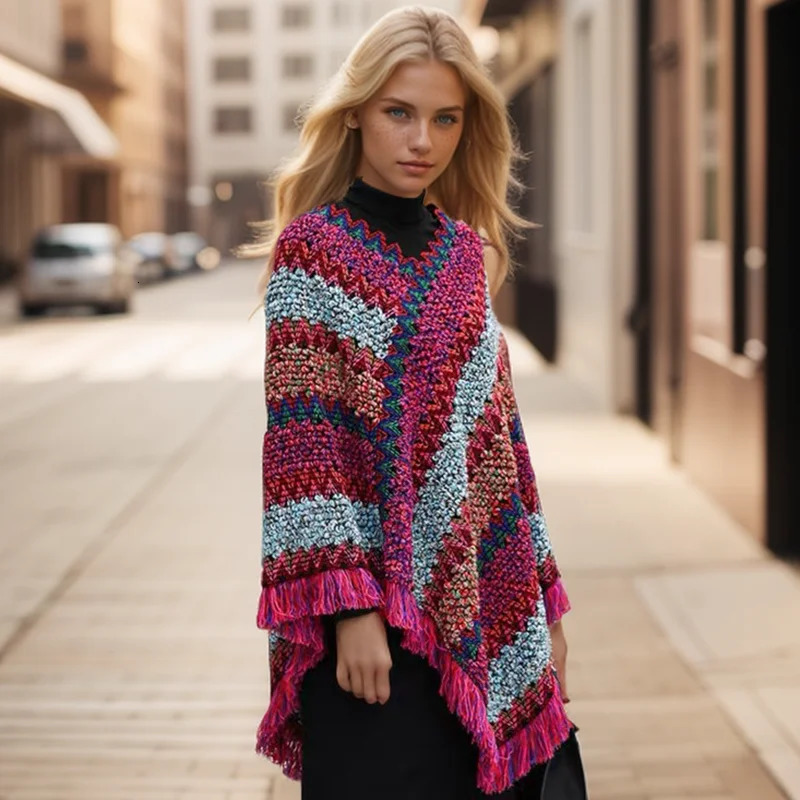Autumn Knitting Cotton Shawl Ethnic Scarf Striped Tassel Poncho For Women Pashmina Keep Warm Travel Shawls Headband 65*70cm 250120
