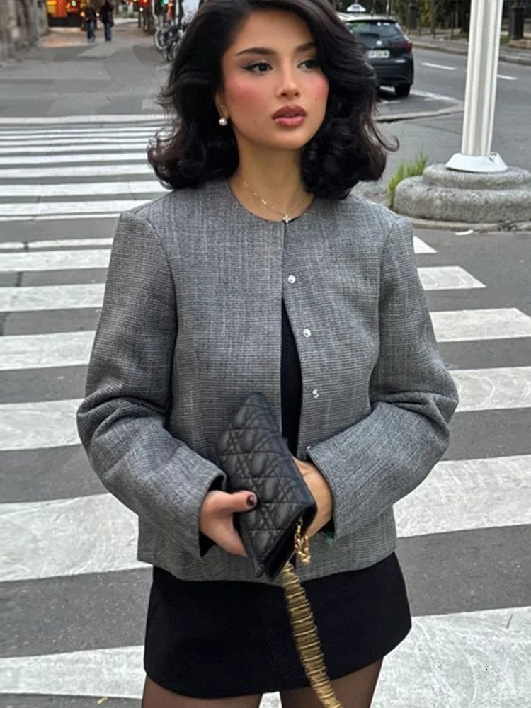 Elegant Gray Coat Mini Skirt Sets Women 2024 Slim Long Sleeve O-neck Single-breasted Button Coats A-line Skirts Two Piece Set 250121