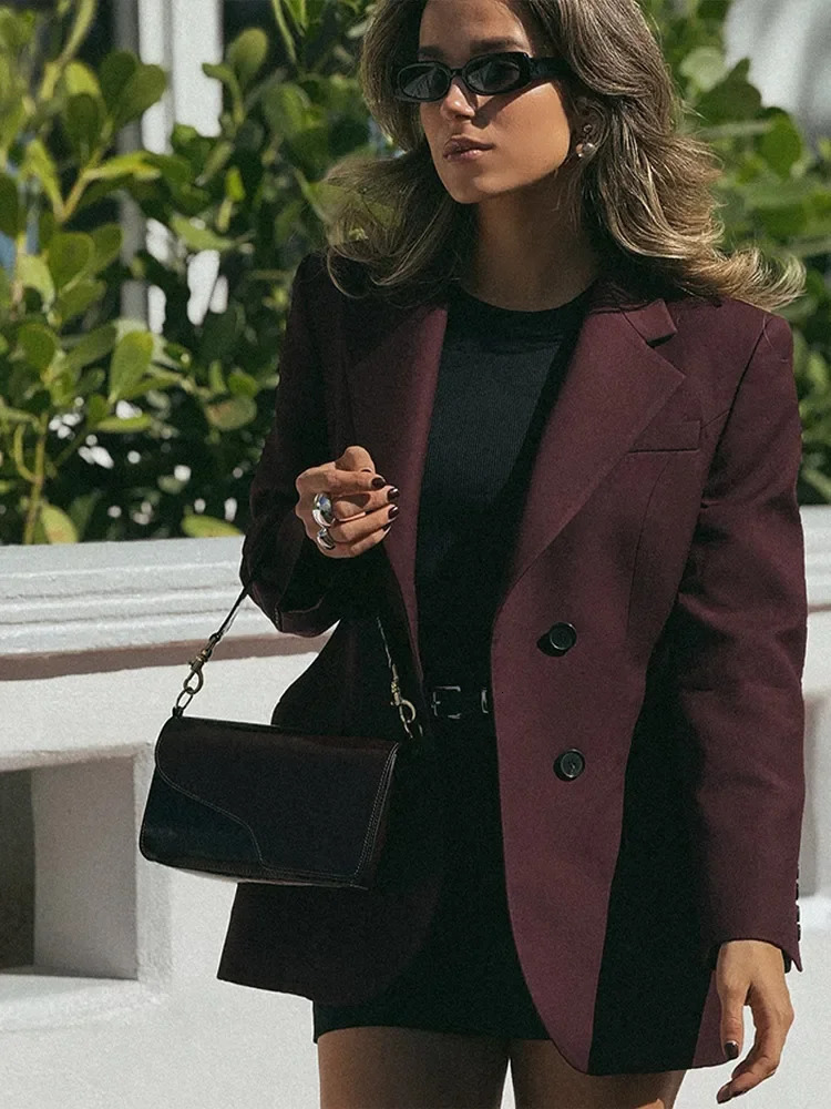 Fashion Casual Burgundy Red Women Slim Blazer Jackets Elegant Lapel Single Breasted Long Sleeved Padded Shoulder Suit 250113Z