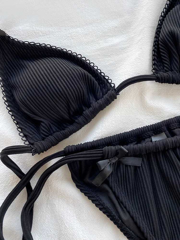 Miyouj 2024 Ribbed Swimwear Thongs Bikinis Sexy Swimsuit New Two Piece Suit Triangle Biquinis Bandage Bathsuit Black BeachwearXJ250120