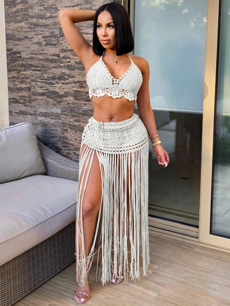 Leosoxs Sexy Women Knitted Set Halter Backless Crop Top Long Tassels Skirt Two Pieces Set Crocheted Beach Outfits 250122