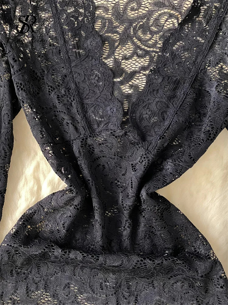 SINGREINY Ruffles Sheer Lace Dress Female V Neck Long Sleeve Dress Fashion Ladies Transparent Irregular Midi Long Sexy Dresses 250121
