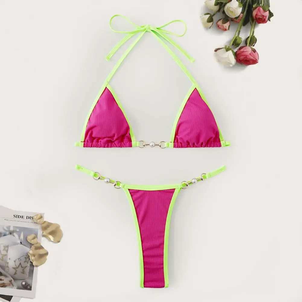 Women Bikini Set Contrast Color Halter Neck Three-point Pearl Deep V Neck Swimming Suit Bathers Women Micro Thong BikinisXJ250120