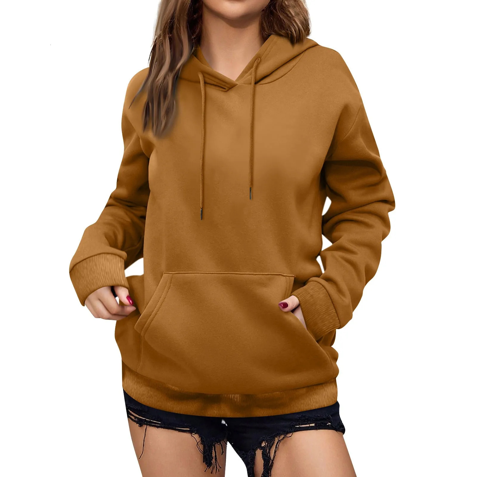 y2k Solid Minimalist Womens Hoodie Long Sleeve With Pocket Casual Daily Wear Women Hoodies Autumn Sudadera de mujer 250122