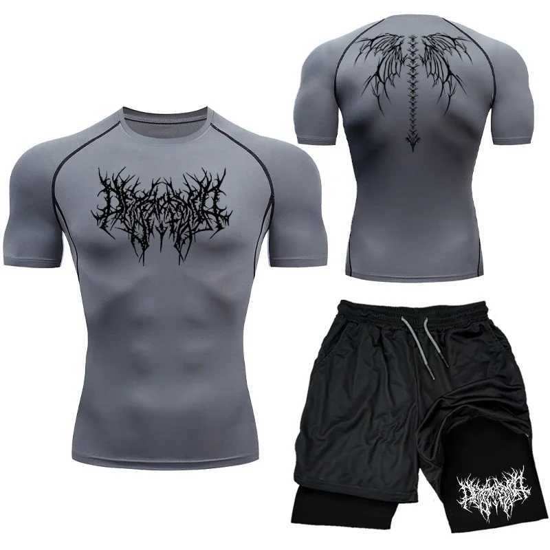 New compression set Y2K printing mens sportswear quick drying gym shorts+shirt 2PCS running exercise summer Rashguade sportswear X250129