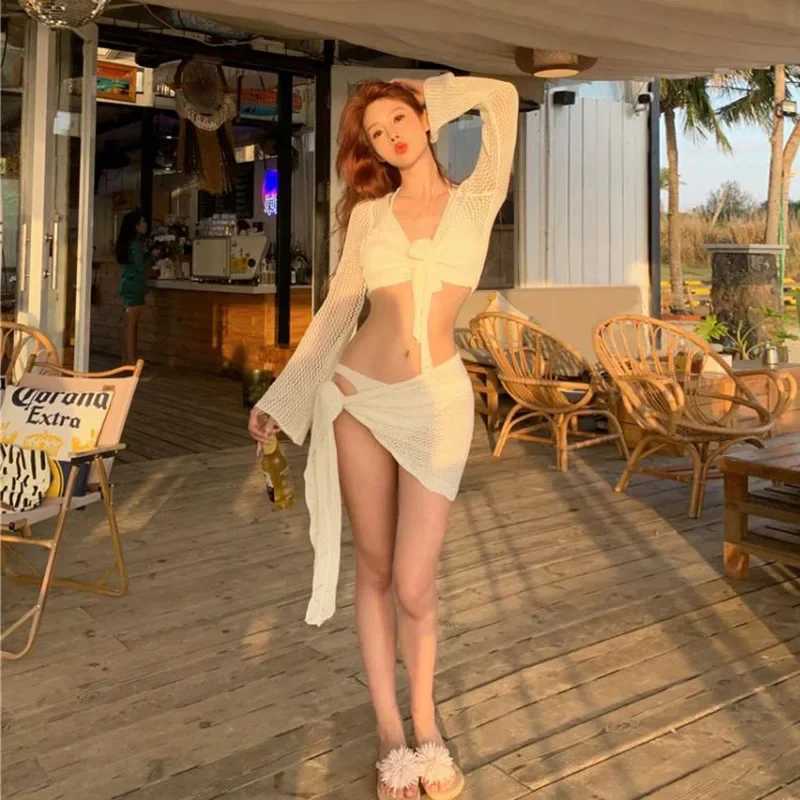 2024 New Womens Long Sve Swimsuit Set Ele Sexy Pure Desire Aesthetic Vacation Bikini Thermal Spring Long Sve Bikini SXJ250120