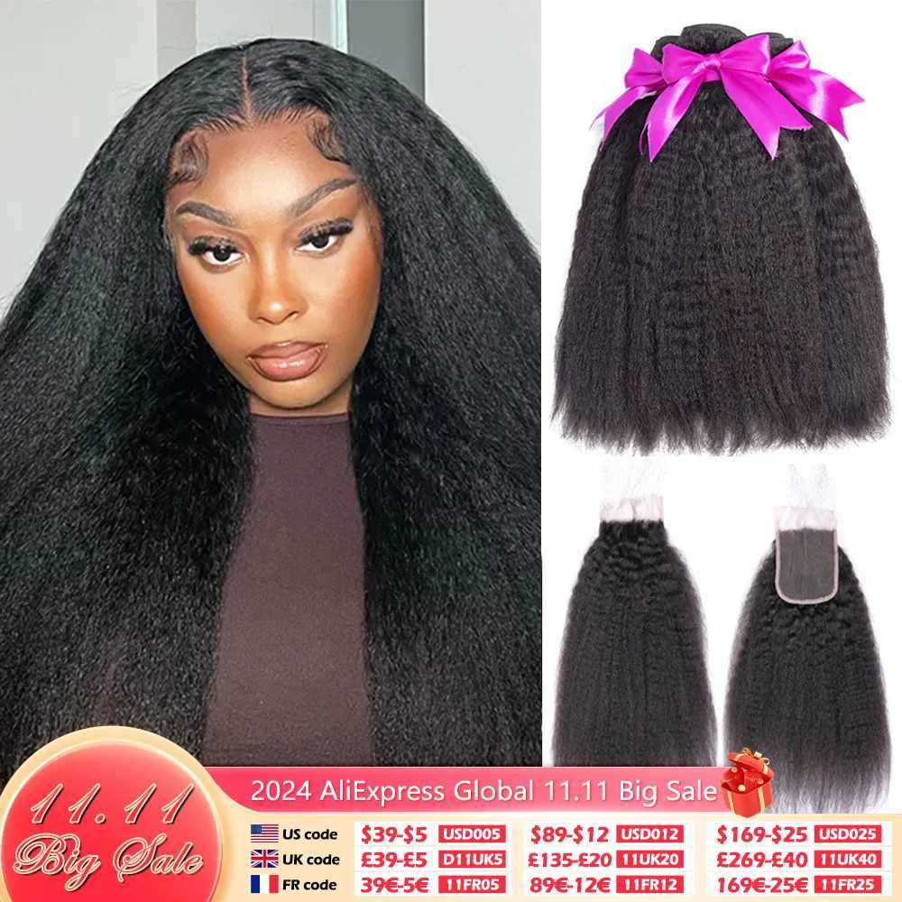 Kinky Straight Hair Bundles with Clos Yaki Human Hair Bundles with Clo 12-32inch Brazilian Raw Hair Bundles with CloXJ250120