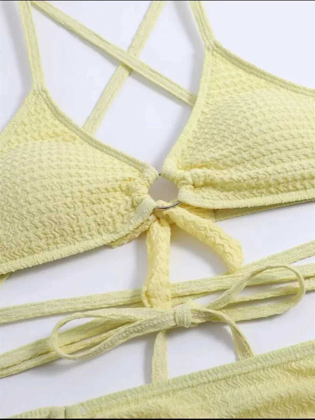 Sexy Yellow Bikini Women Solid Halter Ring Linked Criss Cross Cover Up 3 Piece Swimsuit 2024 Bathing Suit Ruffles Skirt SwimwearXJ250120