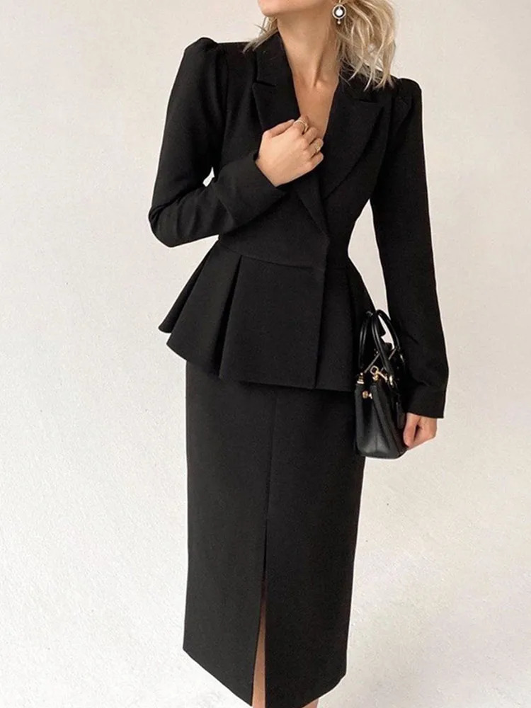 SKMY Autumn Solid Color V-Neck Long Sleeve Midi Skirt Slim Office Ladies Suit Fashion Women Two Piece Set Outfits 250122