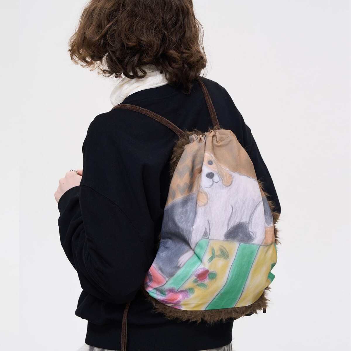 Fashion Double Sided Tote Cute Dog Shoulder Bag Warm Soft Plush Crossbody for Women Drawstring Backpack Shopper Bags