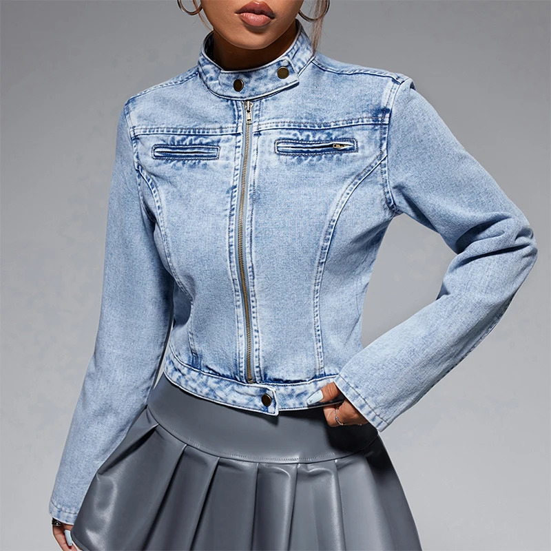 Autumn Women Denim Coat Stand Collar Patchwork Zipper Slim Fit Jean Jacket High Waist Short Fashion Ladies Tops 250122