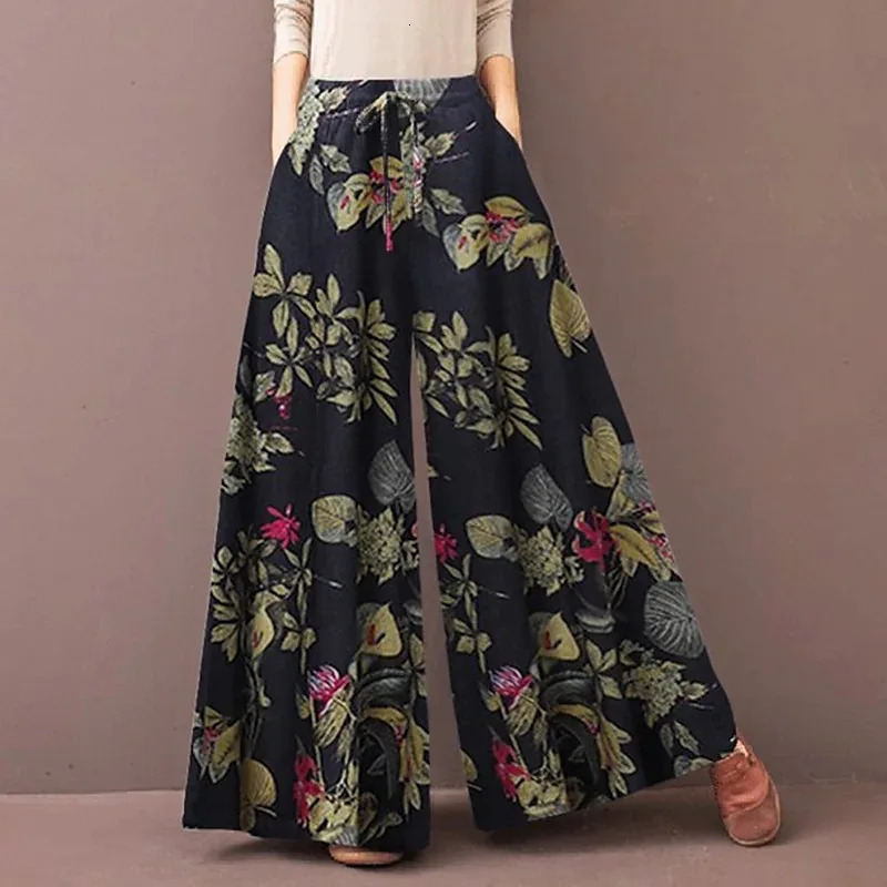 Women Floral Print Wide Leg Pants Spring Autumn Fashion Drawstring Bohemia Trousers Ladies Casual Loose Elastic Waist Pantalon 250122