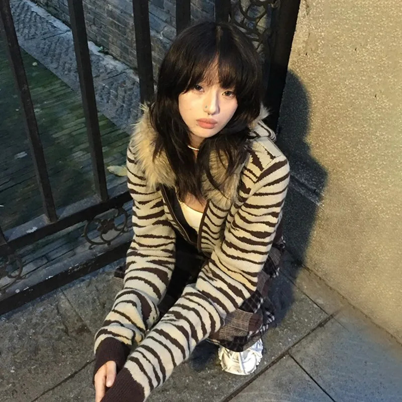 Karrram Japanese Y2k Fur Collar Cardigans Vintage Harajuku Leopard Hooded Knitwear Grunge Aesthetics Fur Coat American Retro 00s 250122