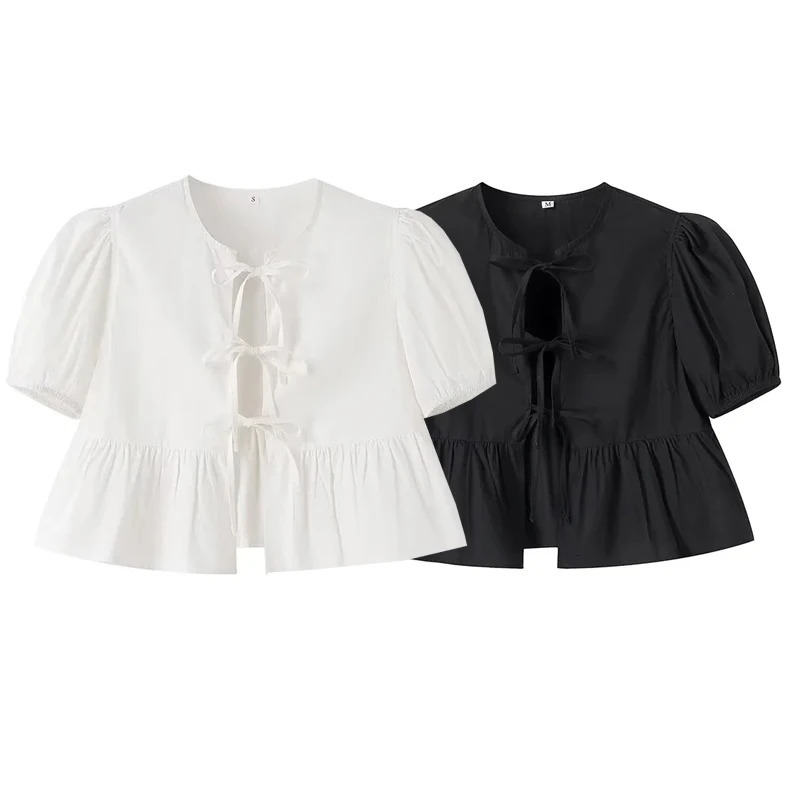 TRAF White Crop Top Women Black Ruffle Short Puff Sleeve Blouse Female Bow Tied Summer Blouses Woman 2024 Ruched Cute Tops 250121