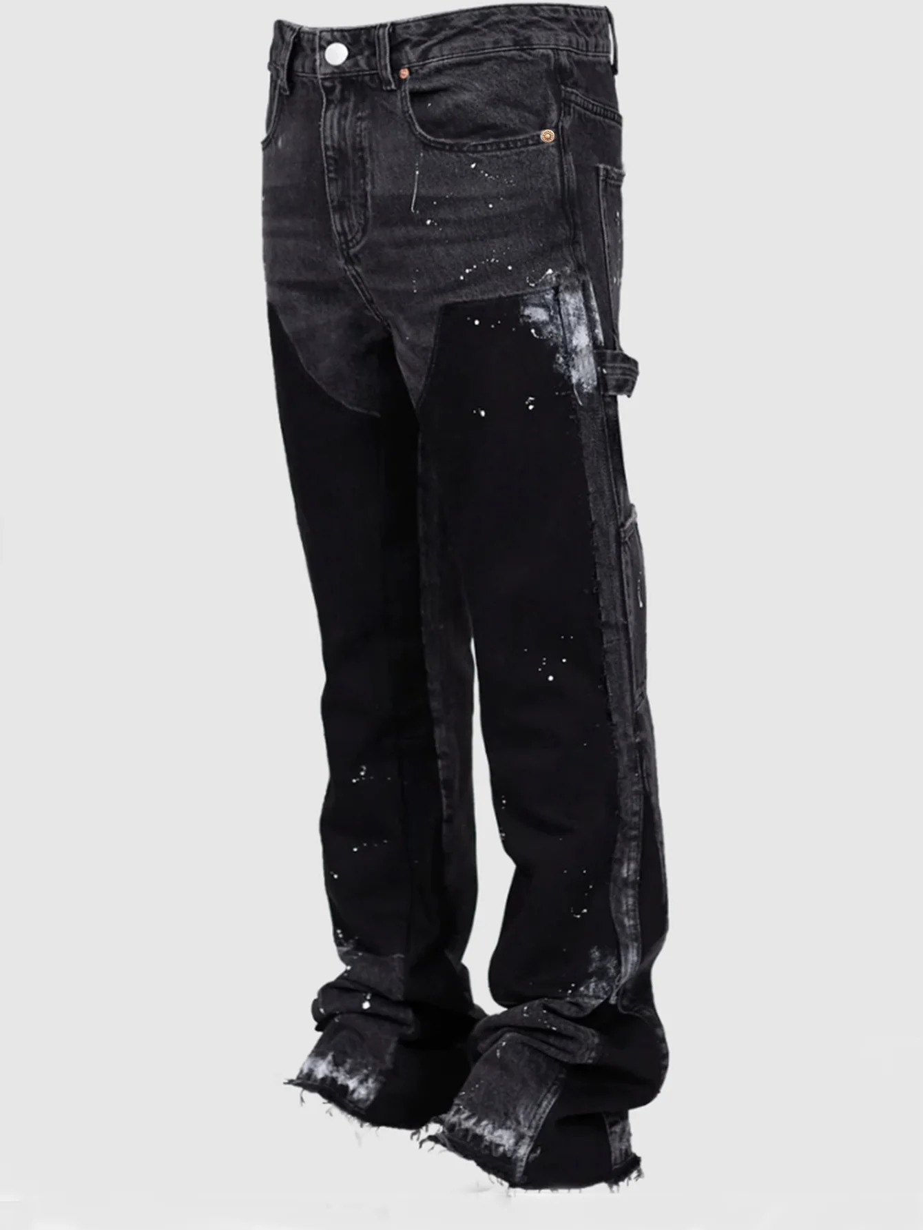 Hand-Painted Black Mens Stacked Flared Pants Contrast Color Spliced Casual Denim Outwear For Male 250118