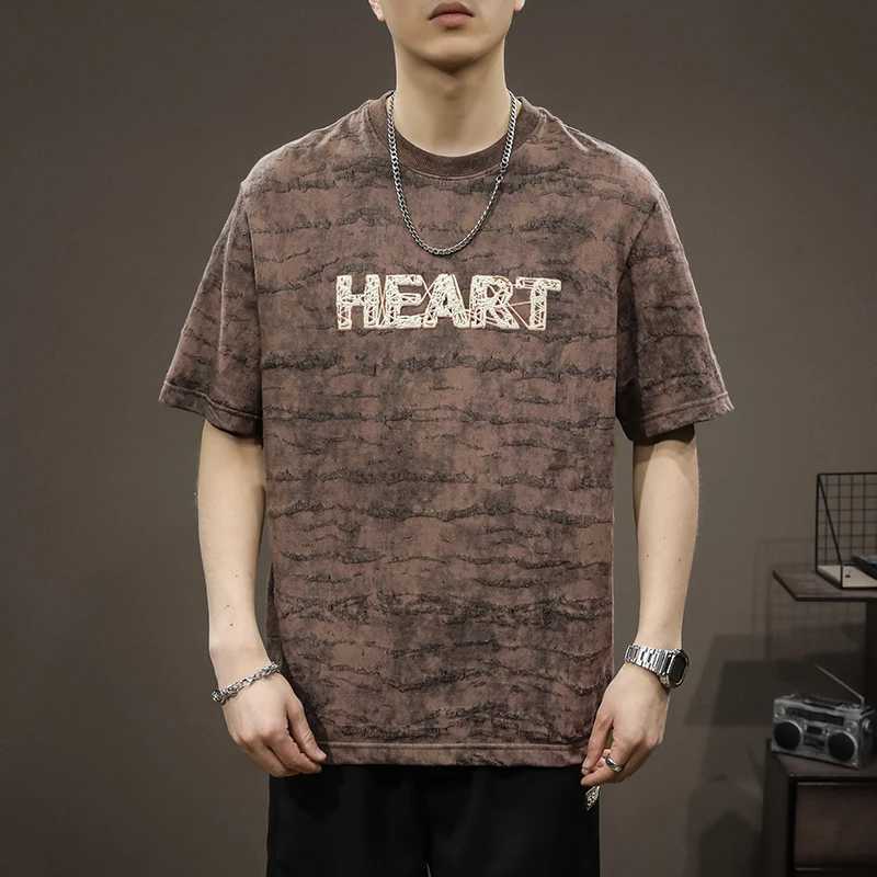2024 Summer New Round Neck Heavyweight T-shirt Mens American Retro distressed Washed Cotton Fashion Trend Letter Embroidery TopXJ250117