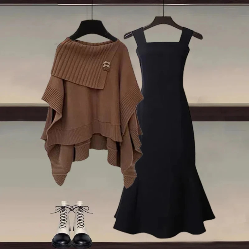 Autumn and winter fashion set for women n feeling of Maillard knitted sweater pendant sexy dress twopiece 250122