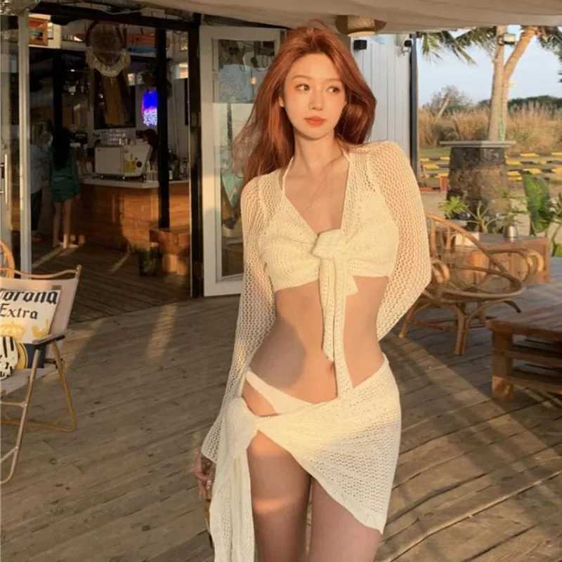 2024 New Womens Long Sve Swimsuit Set Ele Sexy Pure Desire Aesthetic Vacation Bikini Thermal Spring Long Sve Bikini SXJ250120