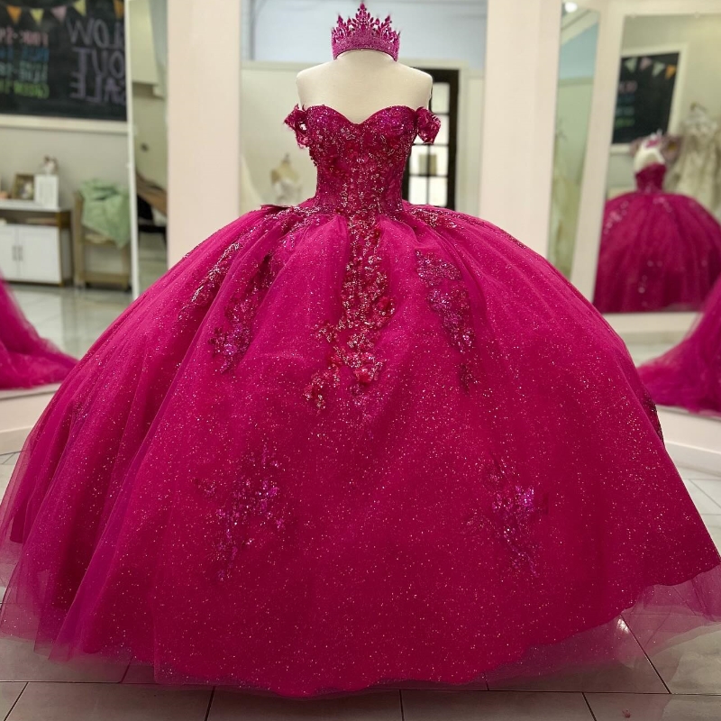 Rose Red Quinceanera Dresses Ball Gown Off The Shoulder Applique Lace Beading Crystal Tull Party Birthday Sweet 16 Dress Vestidos De 15 Anos