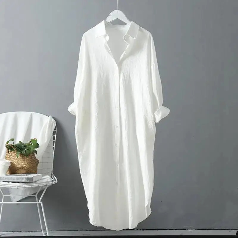 Fashion Long Sleeve Cotton Linen Midi Dress Women Fall Loose Casual Comfortable White Buttons Dresses For Women Robe Femme 250121