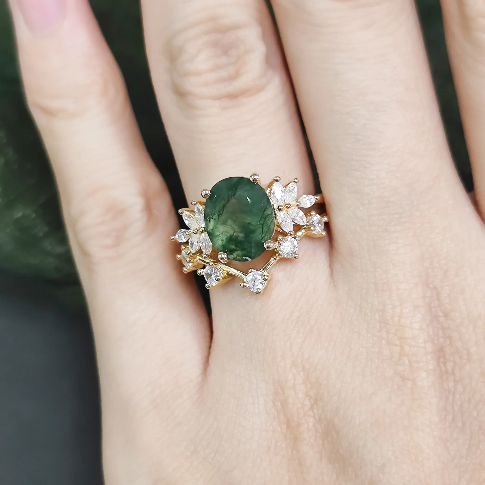 GEMS BALLET Vintage Green Moss Agate Art Deco Cluster Promise Ring Unique Curved Wedding Band Ring Set 925 Sterling Silver 250121