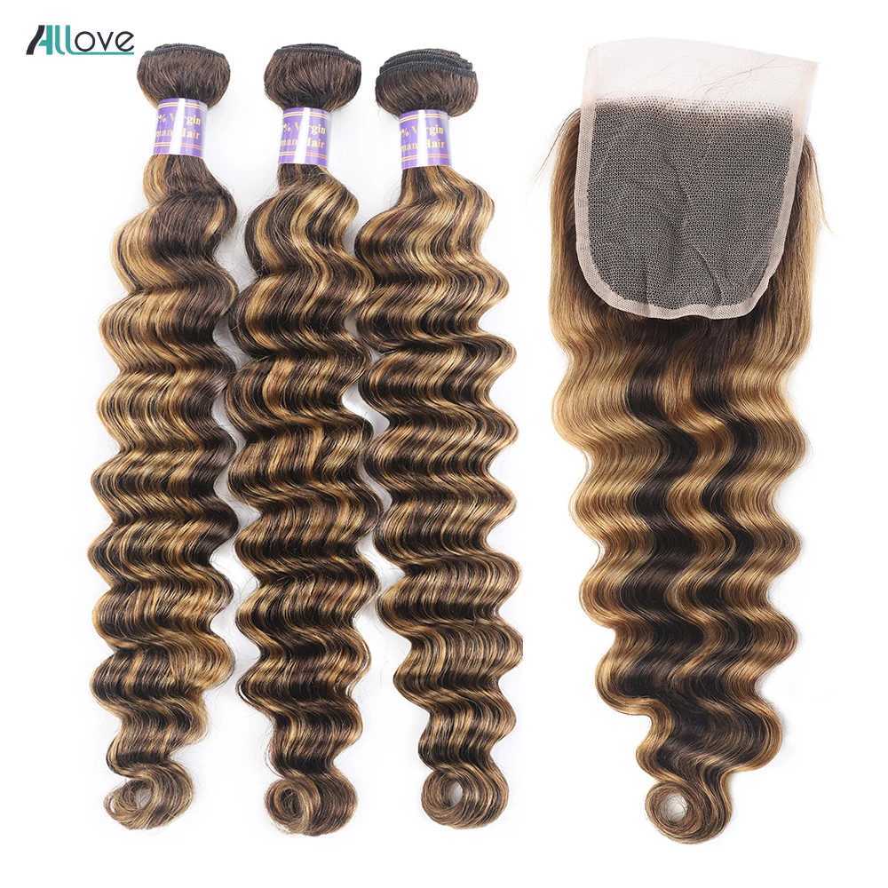 Allove Highlight Loose Deep Wave Bundles With Clo 4x4 Lace Clo With Bundles Brazilian Remy Ombre Honey Blonde BundlesXJ250120