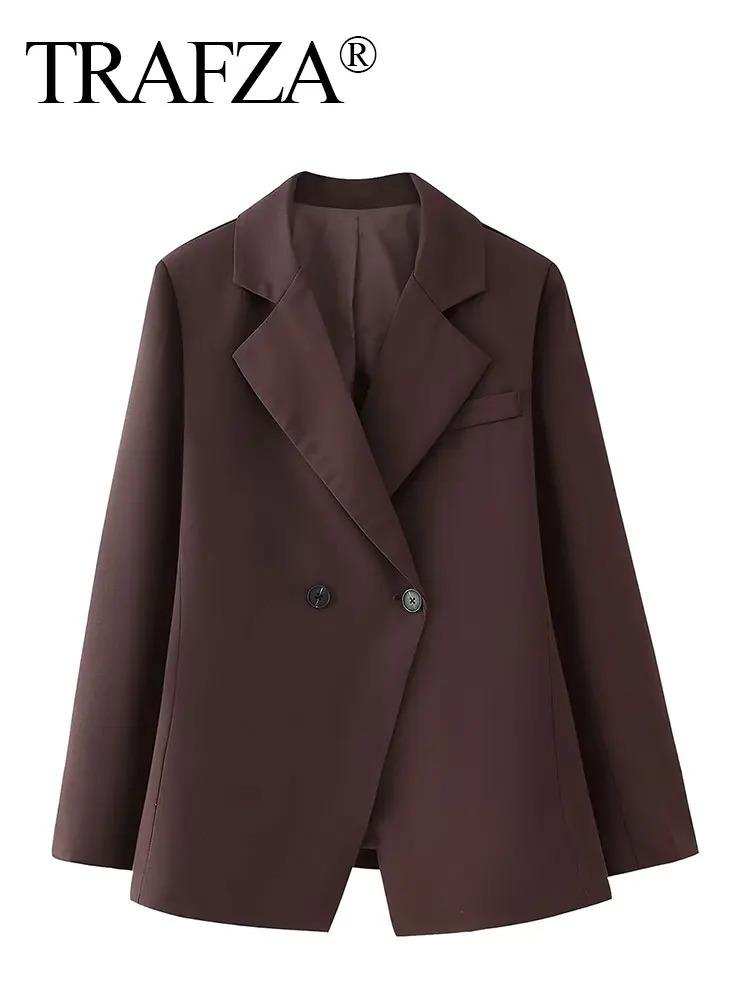 TRAFZA Women Fashion Solid Blazer Lapel Slim Double Breasted Long Suit Coat Female Wild Office Lady Commute Woman Outercoat Top 250120