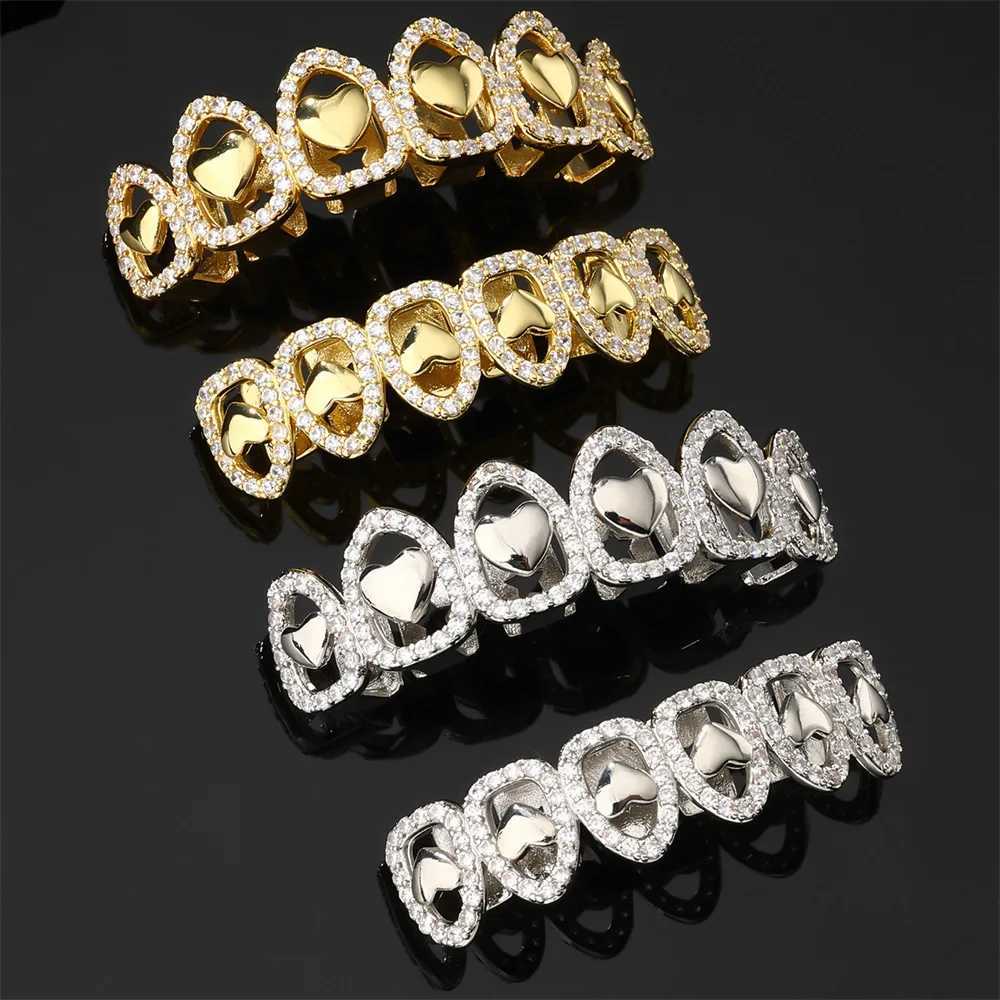 RACHELZ Hip Hop CZ Stone Heart Hollow Teeth Grillz Braces 6/6 Top Bottom Cubic Zircon Tooth Caps For Women Men Jewelry GiftXJ250114