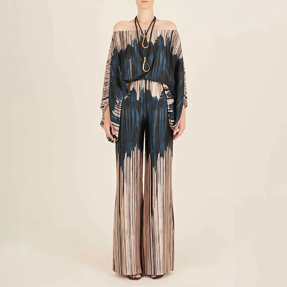 Hollow Shoulder Tops Women Casual Satin Print Suit Fashion Long Pants 2 Piece Sets 2025 Spring Loose Commuting Outfits Cloth 250110