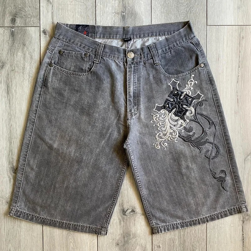 Y2K fashion trend letter embroidered pocket denim shorts women Harajuku retro casual clown high waist wide leg shorts 250110