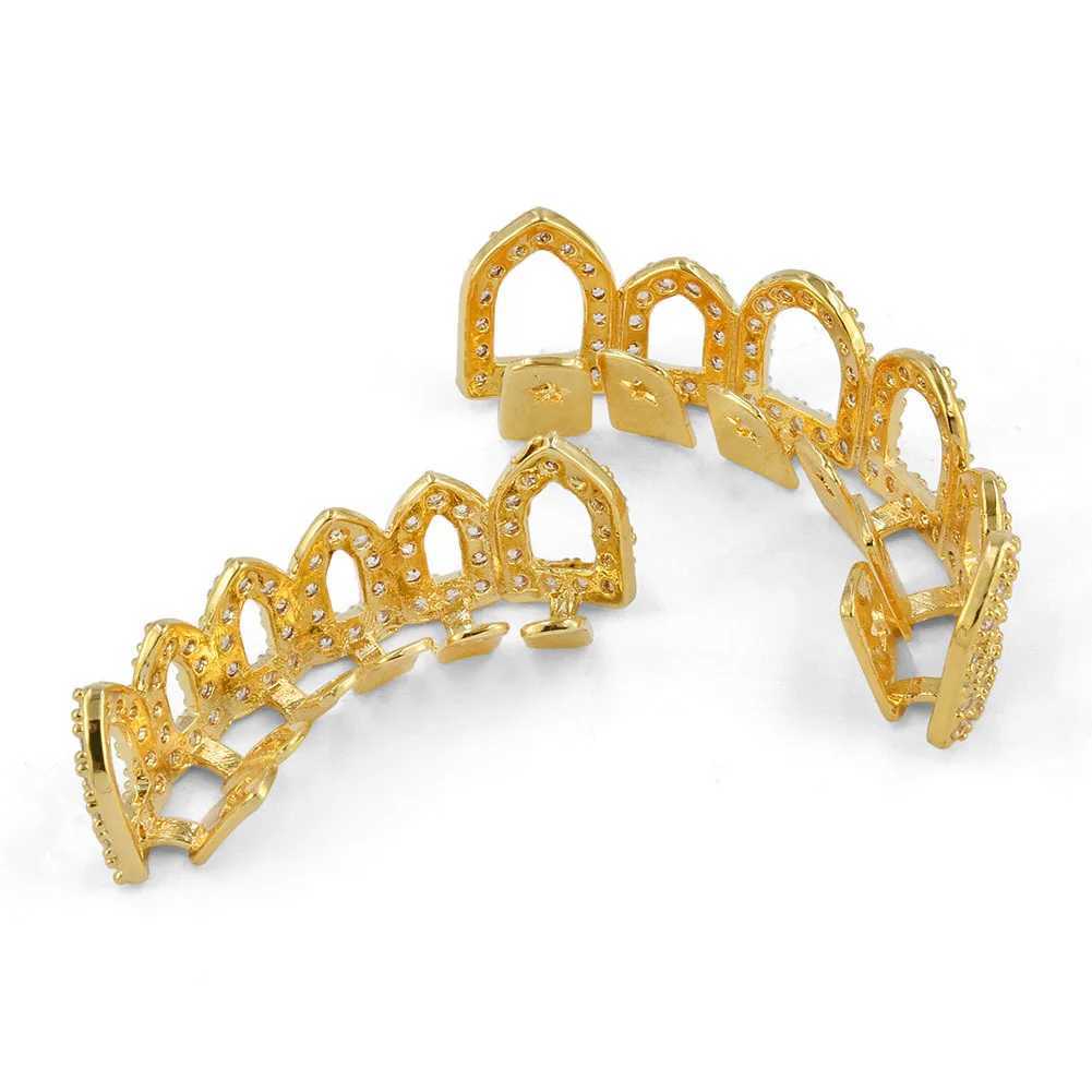 Hollow Teeth Grillz Set For Unisex Top Bottom Iced Out Cubic Zirconia Stone Brass Material Hip Hop Cosply Jewelry For ManXJ250114