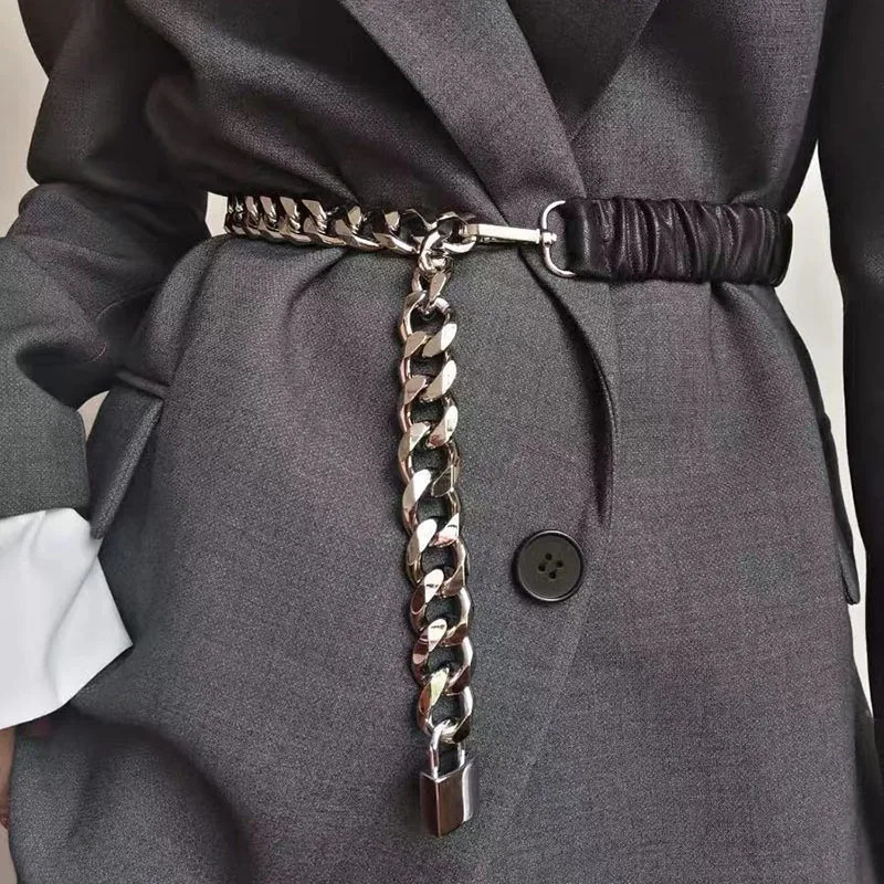 Fashion lock head elastic belt European and American personality metal leather chain splicing waist chain women 250117
