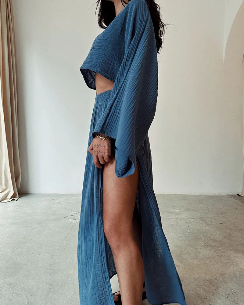 Skirts Two Piece Sets Fashion Women Bohe Mujer Style Loose Crop Top And Slit Maxi Skirts Maching Suits Cotton And Linen Set 250113