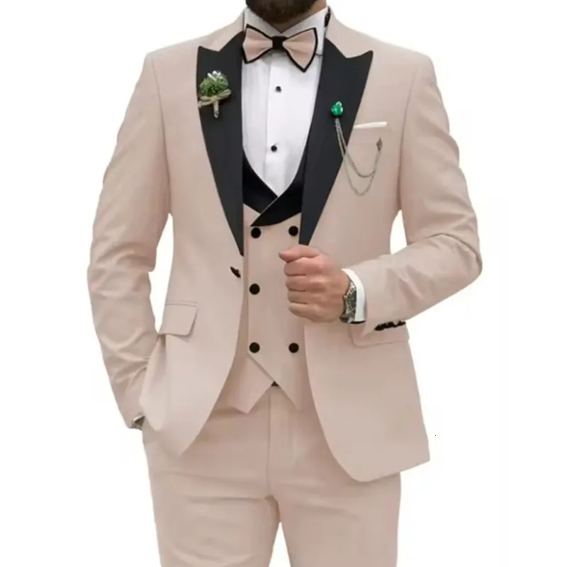 Beige Business Men Suits Costume Homme Slim Fit 3 Piece Double Breasted Suit Wedding Prom Party BusinessBlazerVestPants 250122