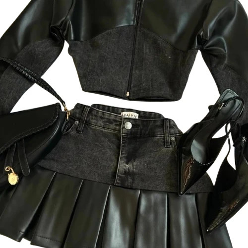 Gothic Two Piece Set Womens Y2K Vintage Denim Leather Patchwork Zipper Long Sleeve Short Jacket Slim Skirt 250122