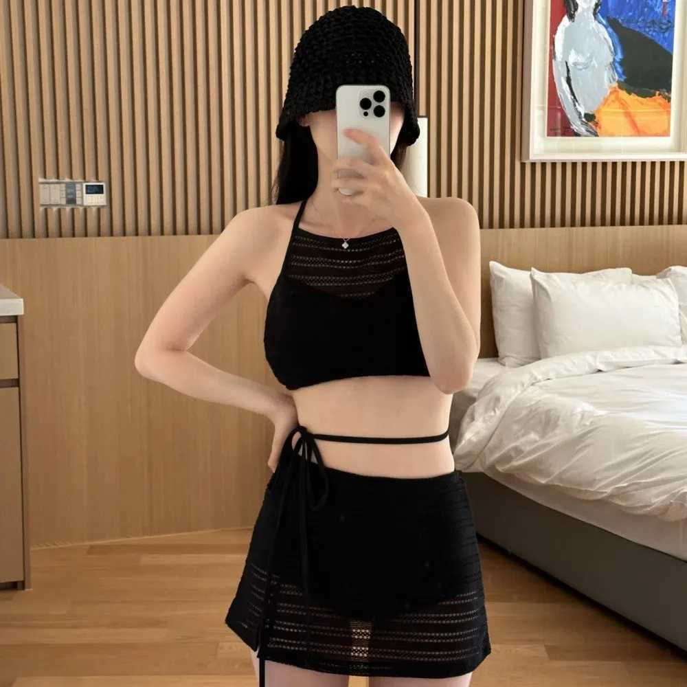 New Two Pieces Set Swimsuit Women White Swimwear Sexy High Neck Bikini High Waist Skirts Beach Wear Knitting Bathing Suit KoreanXJ250120