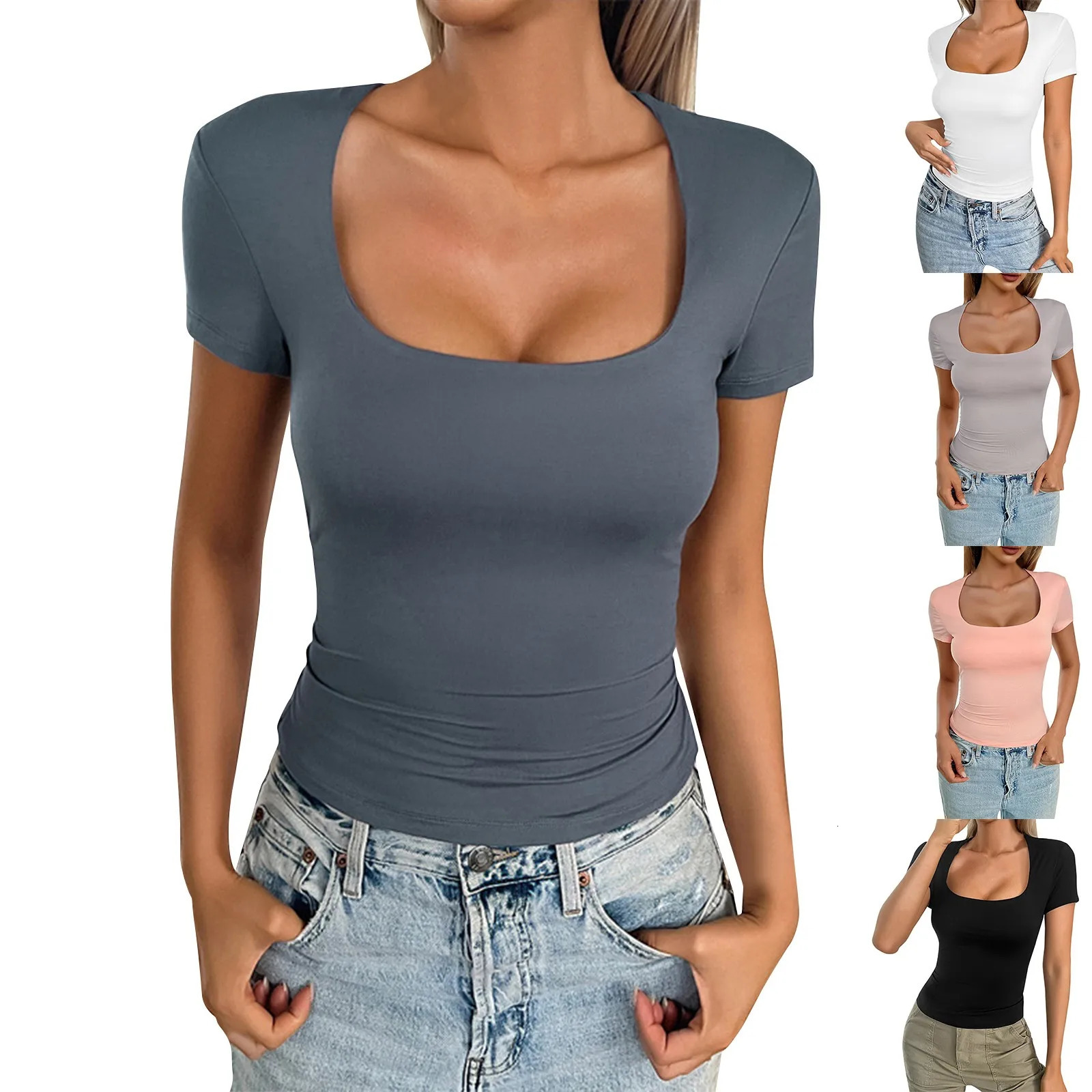 Summer Solid Color Casual Slim Fit Short Sleeve Deep Square Neck Pullover T-Shirt For Female Fashion Versatile Simple Sexy Top 250118