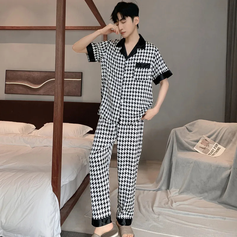 n Houndstooth Pajama Men Ice Silk Pyjama Set Youth Home Wear Teenager Night Clothes Long Sleeve Suit SleepwearSet Male 250122