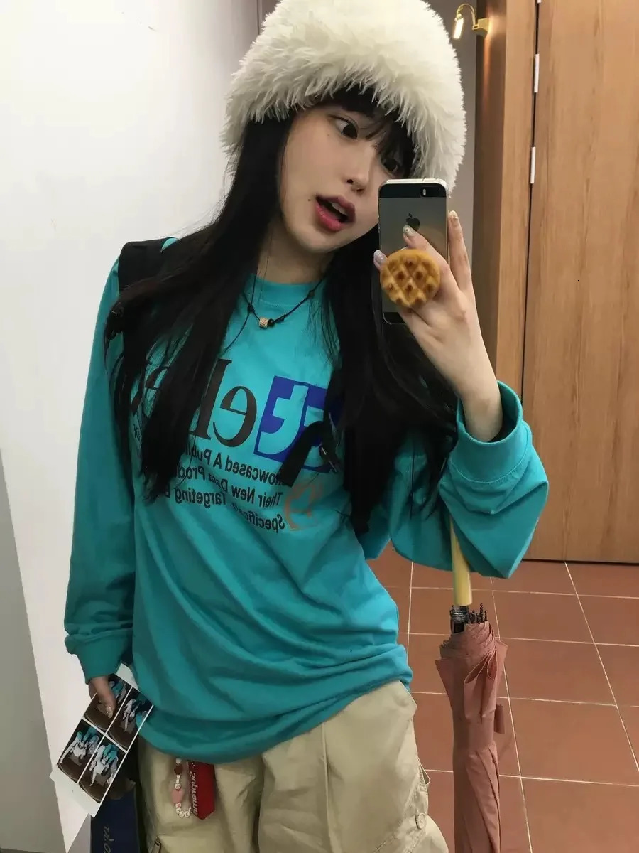 24S Korean version Autumn American Vintage Alphabet print Long Sleeve Loose Cotton Casual T-shirt Tops 250118