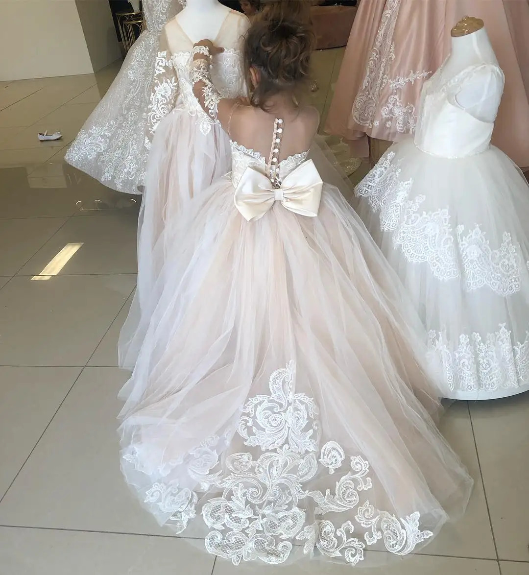 BABYONLINE Long Sleeve Flower Girl Dresses For Wedding Guest Kids Bridesmaid With Bow White Ivory Lace Tulle First Communion 250120