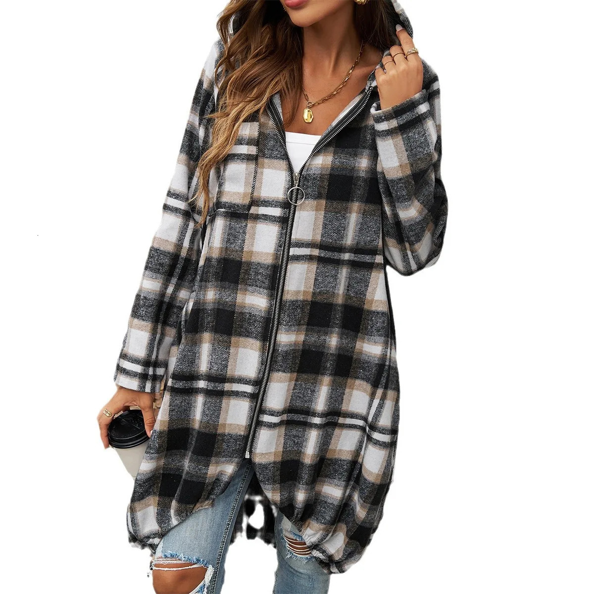 YJKDYK Spring Autumn Womens Windbreaker Female Casual Loose Contrast Zipper Hooded Jacket Ladys Plaid Coats Womens Clothing 250118