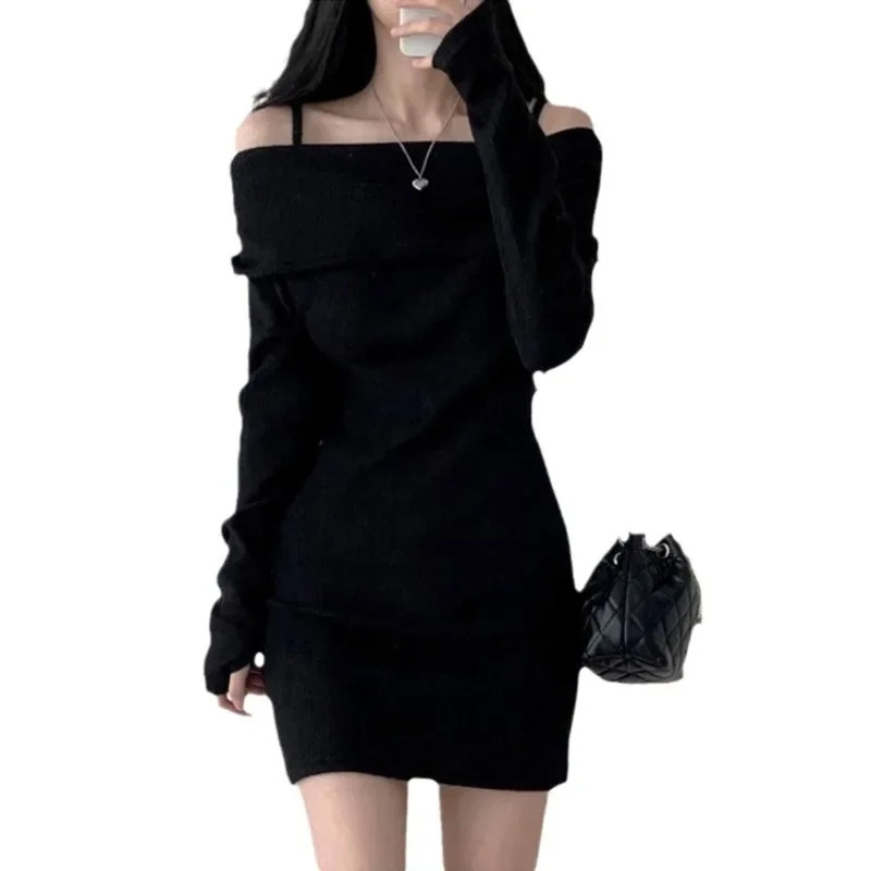 Fashion Korean Knitted Mini Dress Shoulders Bahrain Round Neck Slim Ribbed Short Skirt Autumn Winter Collection 250110