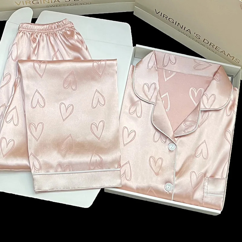 Sexy Nightwear Women Korean Soft Fashion Homewear Love Print Cardigan Lapel ShortSleeved Trousers Ladies Pajama Girl Sleepwear 250122
