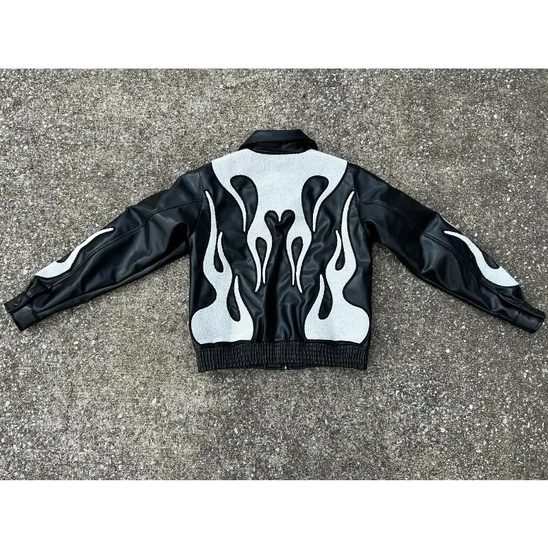 American Hip Hop PU Leather Flame Racing Element Embroidery Zipper Jacket Men Clothes Y2k Autumn Winter Fashion Couple Coat 250120