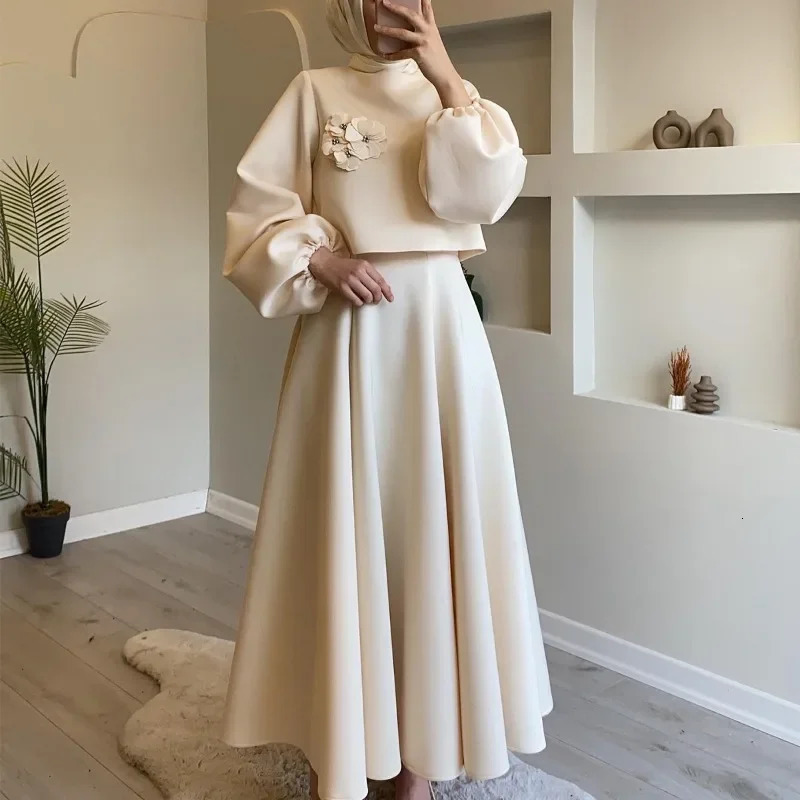 Autumn Womens Clothing Flower Three-Dimensional Decoration Lantern Sleeve Solid Color Skirt Suit Two-Piece Set 250122
