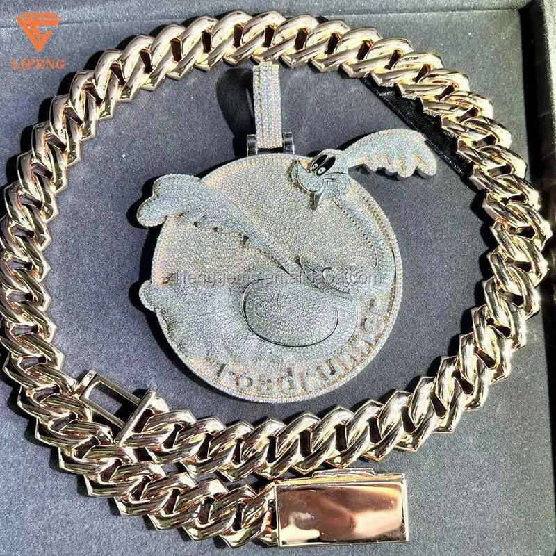 Fashion Design Solid Sier Gra Moissanite 18mm 20mm Wide Iced Out Pendant Necklace Cuban k Chain for Rapper