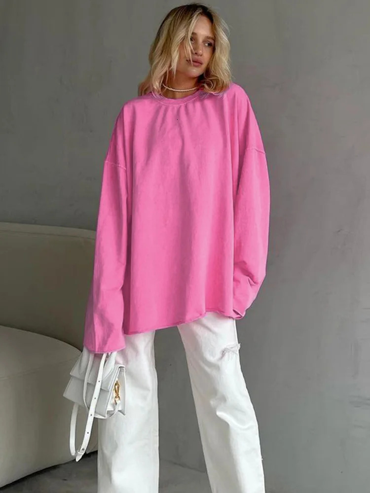 Pink Tee Shirts Streetwear Round Neck Long Sleeve Casual Pullover Tops Women Autumn Thin T-Shirts Lady 250113