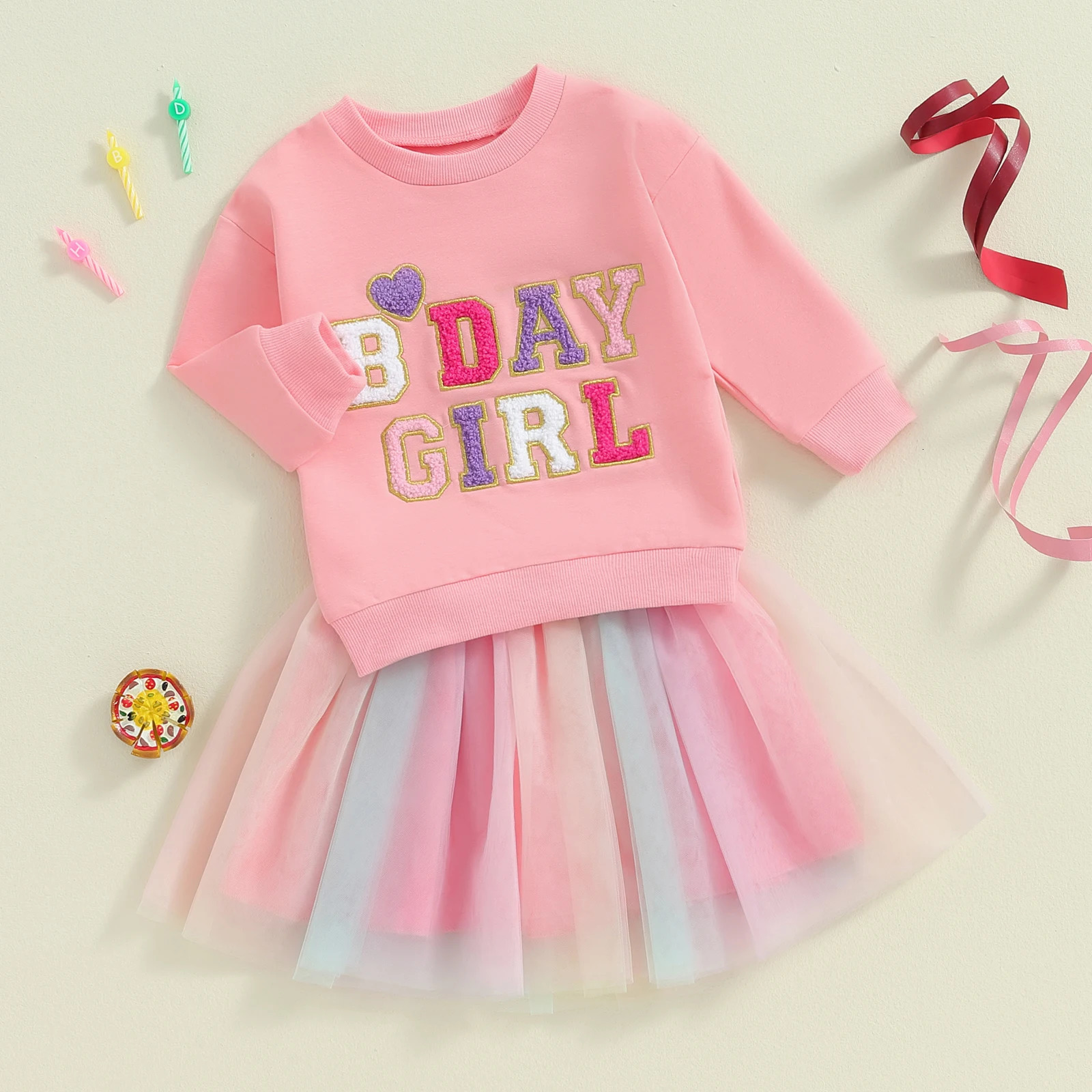 Toddler Girls 2Pcs Birthday Outfits Long Sleeve Letter Embroidery Tops Tutu Skirt Set Baby Clothes 250116