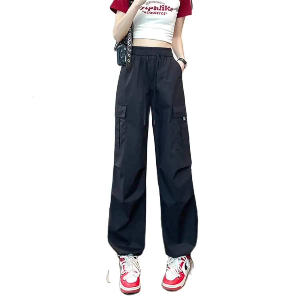 Green Women Tech Pants Drawstring Black Low Waist Wide Leg Trousers Oversized Sweatpant Baggy Joggers Streetwear Cargo Pant 250117
